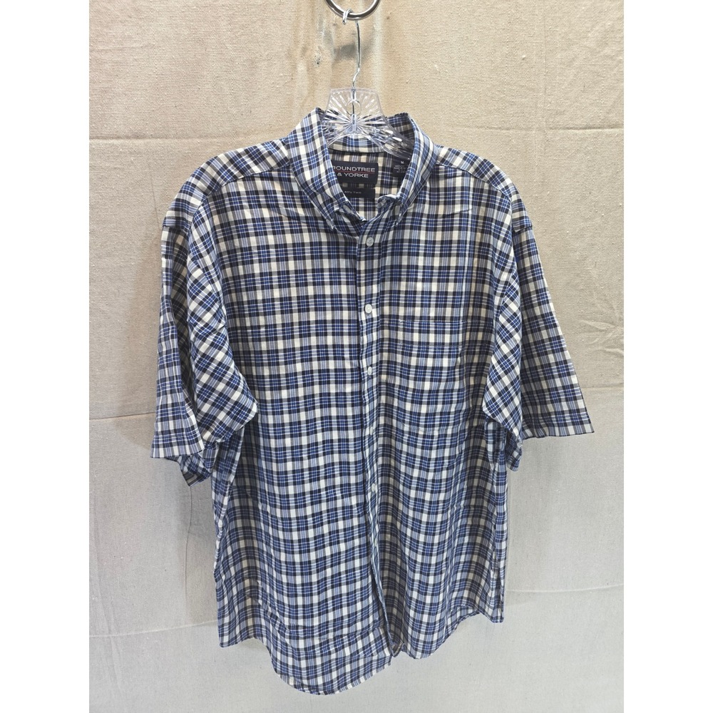 Roundtree & Yorke Mens Blue Plaid Short Sleeve Button Down Shirt 40s Twill M